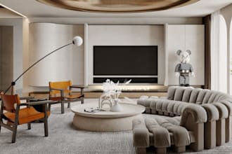 restyle 3d mid century interior,loft livingroom,basement floor,wall light render
