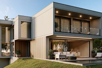 revamp 3d contemporary villa,glass facade,patio,sundeck,pool exterior,skp render