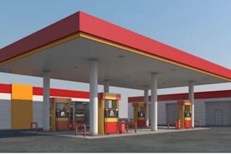 model , render 3d gas station exterior, interior, and store