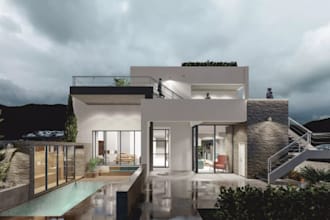redesign 3d modern villa exterior, rooftop terrace,minimal interior,revit render