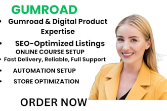 do gumroad store design, products listing, course setup, workflow integration