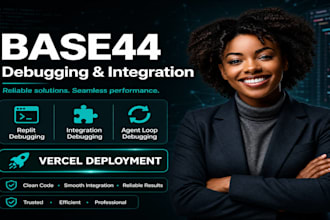 fix base44 app bugs, replit debugging, vercel deployment, and loops