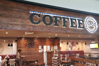 do 3d coffee spot, kiosk design, cafe shop, fast food, cozy layout, restaurant