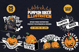 make retro pumpkin biker halloween with illustrations vector logo