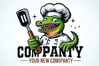 make smiling chef with alligator spatula logo  for your company