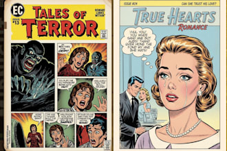 draw retro vintage illustration, retro graphic novel art, horror retro comic art