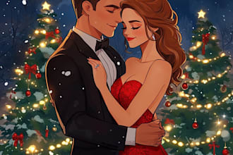 draw cute couple in santa outfits cartoon style