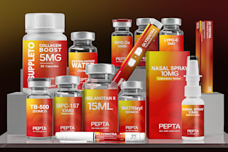 design cosmetic oil, peptide, vial, spray, supplement label and packaging