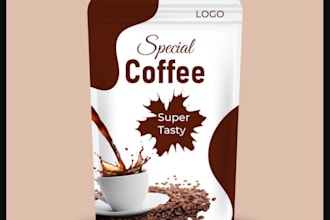 design coffee pouch, product label design, coffee box, coffee carrier design