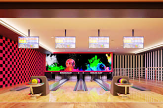 design 3d bowling alley, lounge, game center and entertainment center layouts
