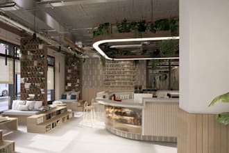 renew burger restaurant, display counter,furntiure layout,cgi cafe,sauna lighten