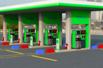 design, render realistic 3d gas station, store, and interior