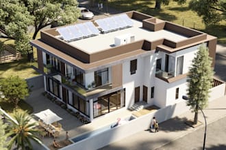 remodel house property,villa elevation design,rooftop solar,outdoor patio,render