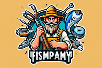 design fisherman tools and equipment mascot logo within 1 day