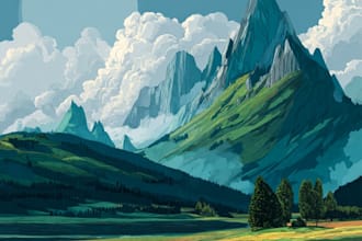 make vintage retro travel poster, vector art deco, landscape illustration
