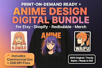 create stunning anime design digital bundle for your print on demand store