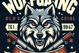 make a vintage old school wolf gang mascot logo with t shirt design