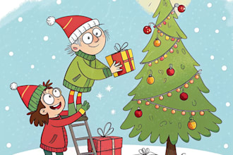illustration christmas book , holiday funny cartoon caricature card