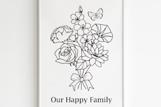 custom birth flower line art bouquet print