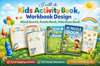 do kids activity book, workbook design, word search, puzzle book, kids maze book