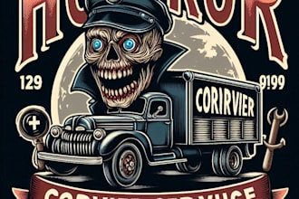 design high quality horror truck courier service logo with t shirt design
