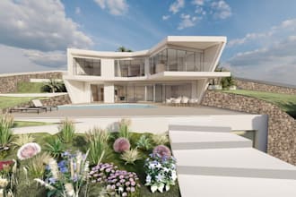 redesign 3d residential exterior, render 3d pool side,garden,cgi image,courtyard