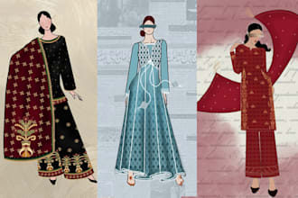 create detailed fashion illustrations inspired by eastern and desi traditions