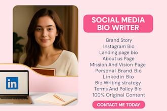 write SEO optimized linkedin bio, instagram bio or website bio or about me