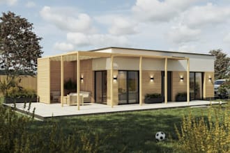 replan 3dmodular house exterior,wooden facade,cgi outdoor space,sauna home decor