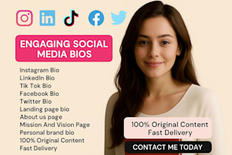 write SEO optimized linkedin, twitter, instagram, tik tok and facebook bio