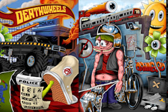 create hot rod, pyschedelic, cartoon for apparel, poster, cover album