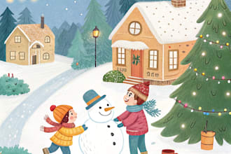 draw watercolor children book illustration, cover art, comic, christmas