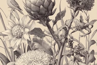 draw botanical vector illustration of plants and flowers