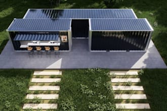 redesign shipping container,cabin, cottage, modular house render, compact design