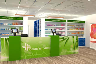renovate 3d retail store,healthcare unit,cgi interior,store layout, top counter
