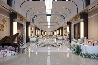 visualize 3d interior birthday decoration,balloon,flower setup,corona rendering