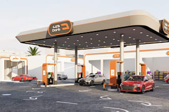 visualize  gas station render,exterior design,mini mart,site plan,boutique store