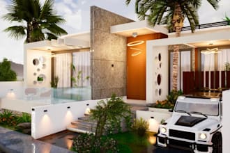 resort style 3d house,modern tropical villa in revit,texture stone panel,carport