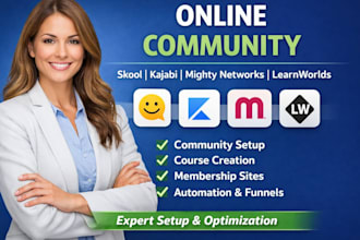 setup skool community, mighty networks, canvas lms learnworlds kajabi website