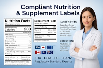 create fda, cfia, eu, and fsanz compliant nutrition facts and supplement label