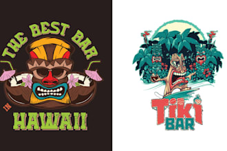create vintage skull tiki bar logo with vector illustration