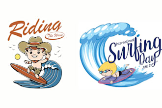 create vintage cartoon character surfing logo