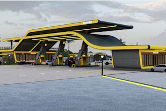 modern 3d gas station,mini mart,ev charging,staff room,building plan,elevation