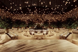 design 3d elegant event hall,outdoor wedding decoration,led lighting,cgi render