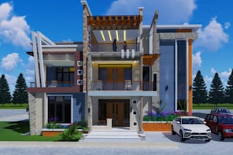 render 3d villa interior wood accent facade open balcony landscape car driveaway