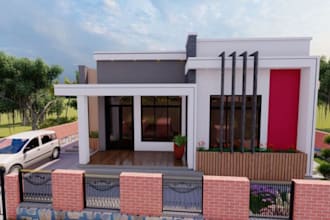 modern compact 3d villa,outdoor garage,front elevation,facade design,brick fence