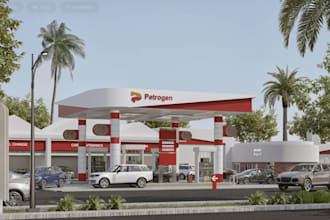 redesign 3d gas station, ev charging station,site plan,drive thru design,render