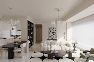 refine 3d minimalist apartment, interior render, kitchen design, neutral palette
