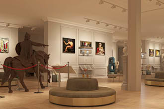 elevate 3d art gallery,exhibition hall design,event space,artist studio render