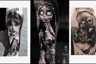 draw a beautiful tattoo design tim burton art style